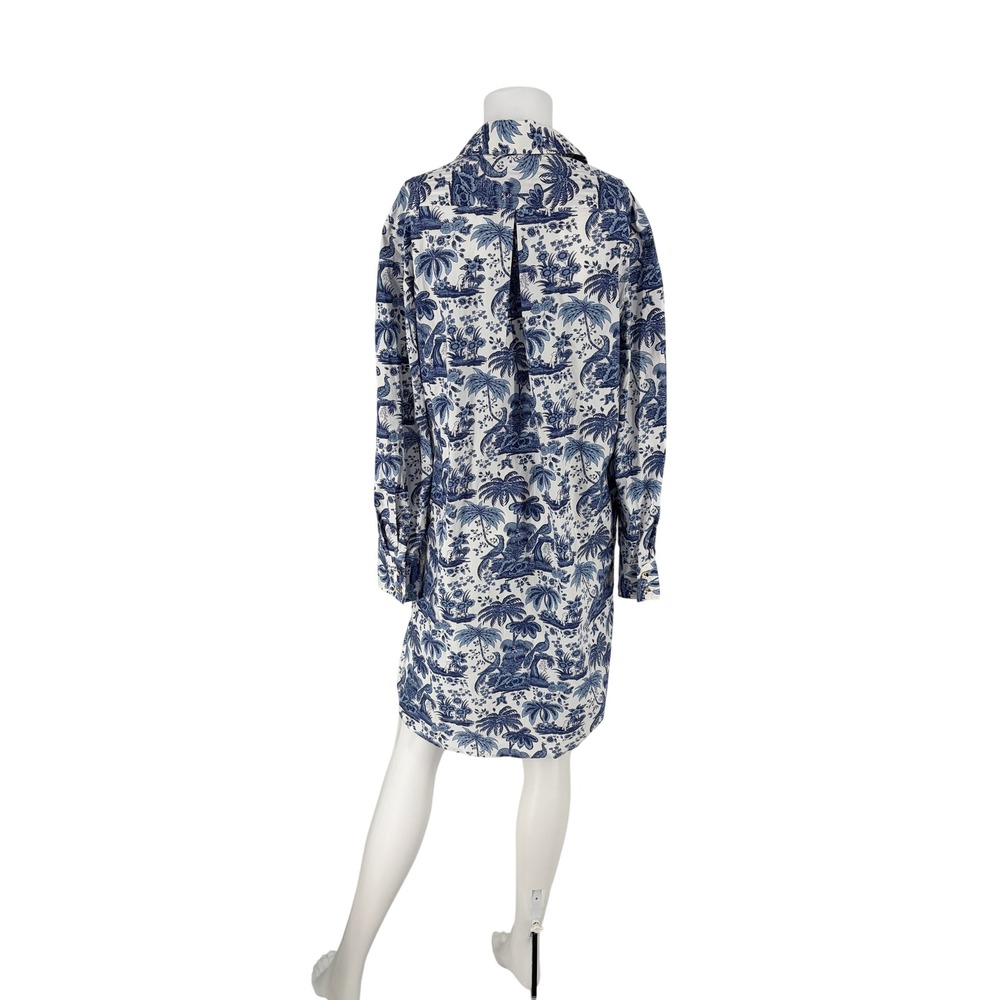 Staud Blue White Tropical Toile Yin Yang Button Shirt Dress Size M Long Sleeve